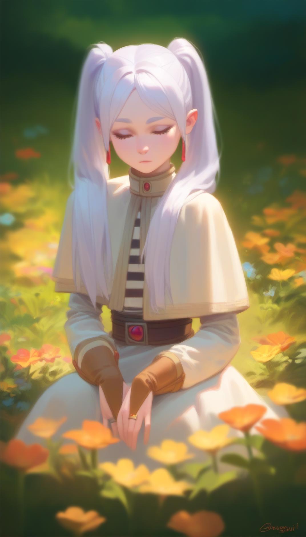 A painting of a woman sitting in a field of flowers - SeaArt AI