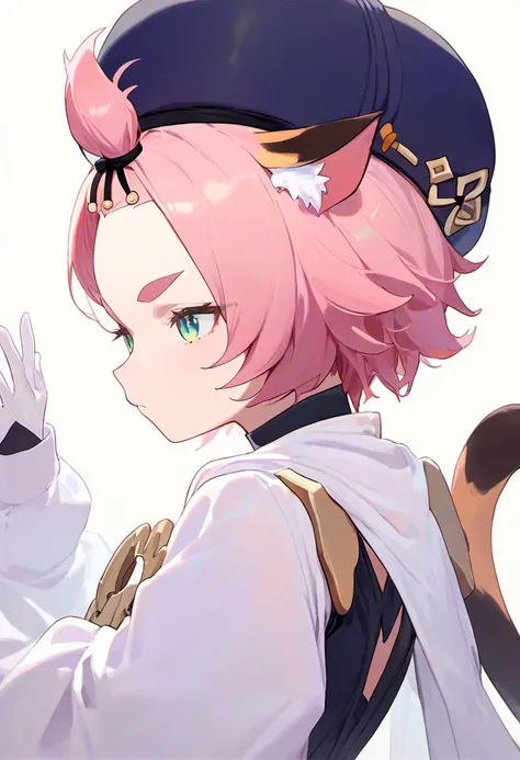score_9,score_8_up,score_7_up, diona_(genshin_impact), cat_ears, 1girl, pink_hair, highres, cat_tail, animal_ear_fluff, cat_girl, short_hair, bangs_pinned_back, green_eyes, thick_eyebrows, hat
