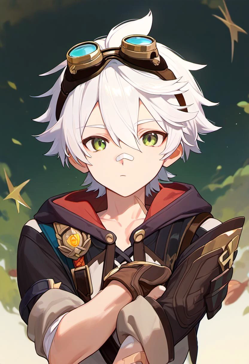 score_9,score_8_up,score_7_up, bennett_(genshin_impact), male_focus, 1boy, goggles_on_head, green_eyes, highres, bandaid_on_nose, hair_between_eyes, short_hair, white_hair, scar_on_arm