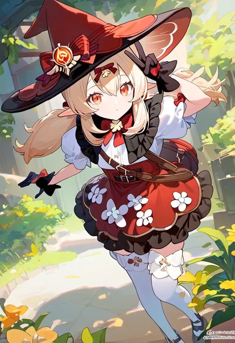 score_9,score_8_up,score_7_up, klee_(blossoming_starlight)_(genshin_impact), klee_(genshin_impact), witch_hat, highres, 1girl, black_gloves, pointy_ears, red_headwear, blonde_hair, red_eyes, vision_(genshin_impact), official_alternate_costume, low_twintails