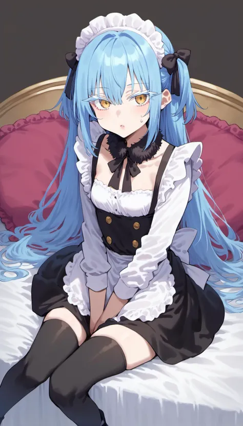 score_9, score_8_up, score_7_up, score_6_up, tsepmet_urumir_xl, rimuru tempest, fur collar, long hair, blue hair, yellow eyes,
pillow, thighhighs, open mouth, maid, rating:questionable, maid headdress, solo,black legwear, sitting, hair between eyes, black footwear, looking at viewer, hair bow, bow, = =;, sweatdrop,
1girl,jirai kei,small breasts,colored eyelashes,white eyelashes,blunt bangs,pale skin, eyes visible through hair,expressionless,(frown:0.7),lipstick,
miniskirt,black skirt,frilld white shirt,long sleeves,pleated skirt,black thighhighs,cowboy shot,lace choker,thick thighs,sitting on white chair, cross wall,(v arms:1.4),
Tranquil, Peaceful, psychiatrist, blue moon, serenity, dark, night,
<lora:Rimuru_Tempest_XL_Pony:1>
<lora:Concept Art Twilight Style SDXL_LoRA_Pony Diffusion V6 XL:1>