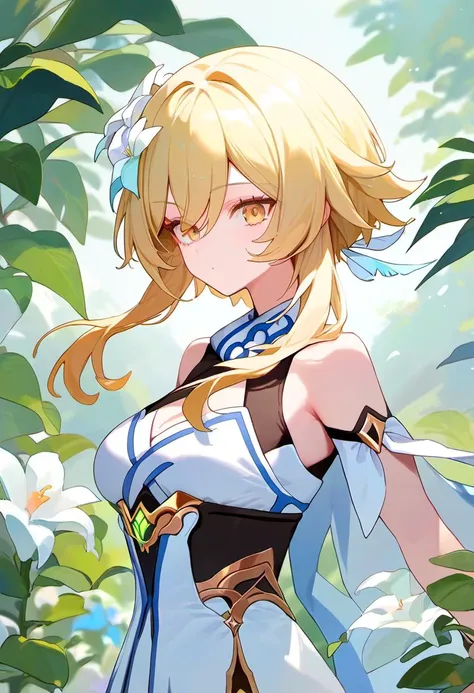 score_9,score_8_up,score_7_up, lumine_(genshin_impact), 1girl, blonde_hair, highres, yellow_eyes, hair_flower, short_hair_with_long_locks, hair_between_eyes, absurdres, white_flower, bare_shoulders, medium_breasts