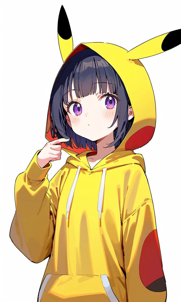 score_9, 1girl, pikachu, creatures (company), game freak, lycoris recoil, nintendo, pokemon, alternate costume, black hair, blush, closed mouth, dot mouth, dot nose, gen 1 pokemon, hand up, hood, hood up, hoodie, long sleeves, looking at viewer, pikachu costume, purple eyes, sidelocks, simple background, solo, upper body, white background, yellow hoodie