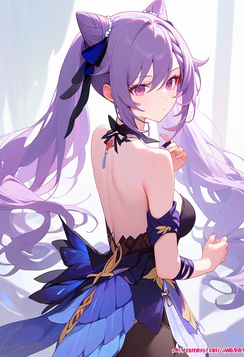 score_9,score_8_up,score_7_up, keqing_(genshin_impact), 1girl, purple_hair, highres, cone_hair_bun, purple_eyes, twintails, bare_shoulders, absurdres, long_hair, double_bun, medium_breasts, very_long_hair