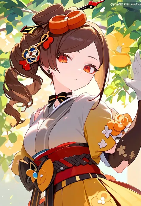 score_9,score_8_up,score_7_up, 1girl, chiori_(genshin_impact), highres, brown_hair, red_eyes, black_gloves, long_hair, grey_kimono, absurdres, commentary_request, obi, yellow_skirt, upper_body