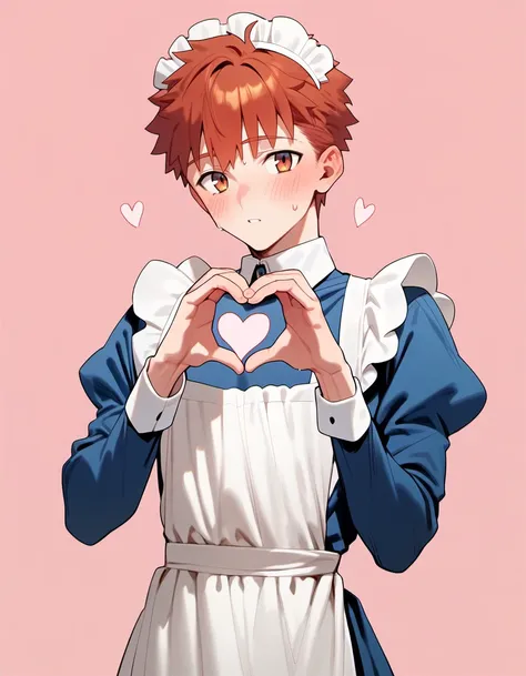 (score_9,score_8_up,score_7_up,score_6_up,score_5_up,score_4_up),  <lora:shiro:0.8> emiya shirou, 1boy, male focus, yaoi, solo, long sleeves, looking at viewer, apron, blush, crossdressing, enmaided, heart, heart hands, juliet sleeves, long sleeves, looking at viewer, maid, maid headdress, puffy sleeves, sweat, dress, skirt, parted lips,