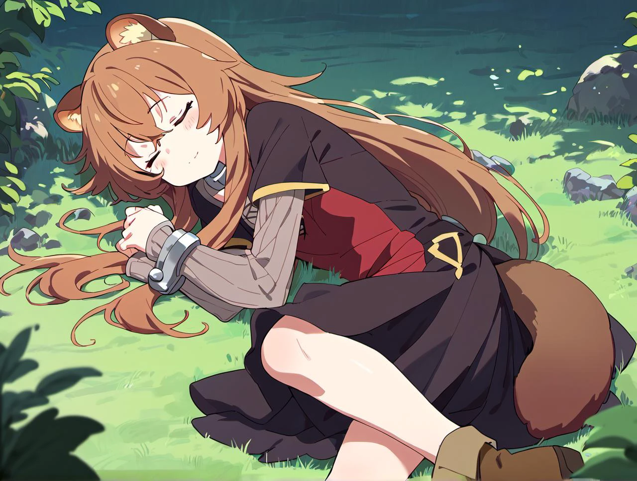 score_9, score_8_up, score_7_up, score_6_up, score_5_up, score_4_up, source_anime, rating_safe,
anime, <lora:raphtalia_PONY_ver2_epoch-000024:0.8>,(landscape:1.1),(wide_shot:1.1),raphtalia,red eyes,raccoon girl,long hair,sidelocks,dress,long sleeves,boots,
(sleep:1.2),(Close eyes:1.2),lying on side with knees bent,blush,(smile:0.8),full body,
(dark forest:1.2),warm,