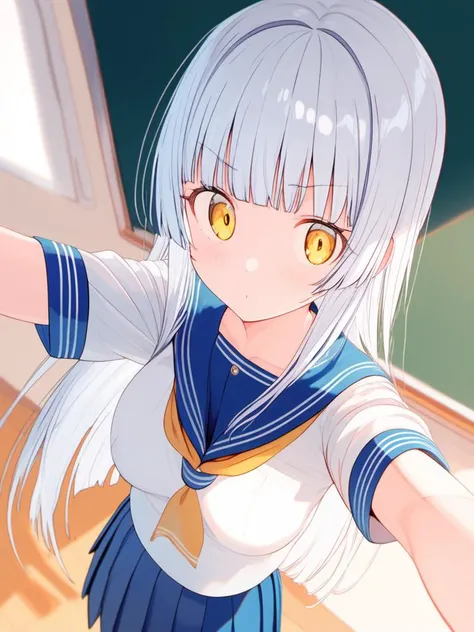 sumishi \(sumisi 3\), 1girl, pale silver hair, long hair, hime cut, bangs, sideburns, medium breasts, yellow eyes, school uniform, serafuku, sailor collar, blue skirt, pleated skirt, classroom, selfie, from above, score_9, score_8_up, score_7_up