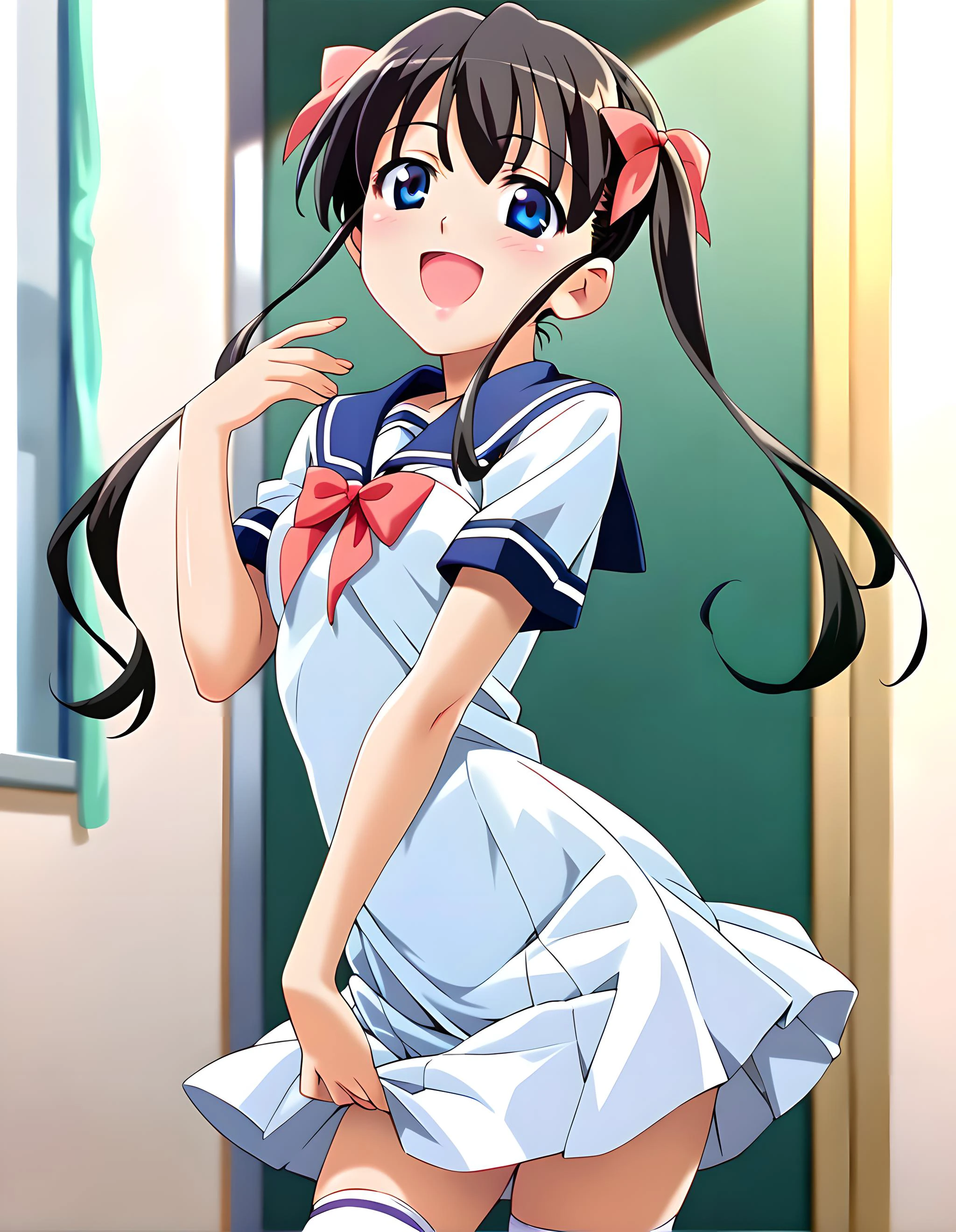 <lora:pony_xl_hikari:0.8>,hikari,score_9,score_8_up,score_7_up,source_anime,black hair,blue eyes,1girl,looking_at_viewer,kind_smile,school_uniform,white dress,white_thighhighs,cowboy_shot,school,standing,masterpiece,