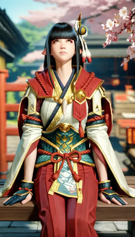 score_9,score_8_up,score_7_up,
<lora:hinoa:0.9>,
mhhinoa,
realistic,
1girl, solo, black hair, long hair, blunt bangs, hair ornament, yellow eyes, looking up, pointy ears, red and white short cape, shoulder necklace, white japanese robe top, deep red undershirt, green waist armor, detached sleeves, red open crotch wide leg pants, deep red pants underneath, black fingerless gloves, 4 fingers, cowboy shot, facing aside, sitting, on red bench, left hand on leg, right hand on bench, blurry background, outdoors, rustic village, wooden structures, japanese structures, blue cloth banners, tree, cherry blossoms