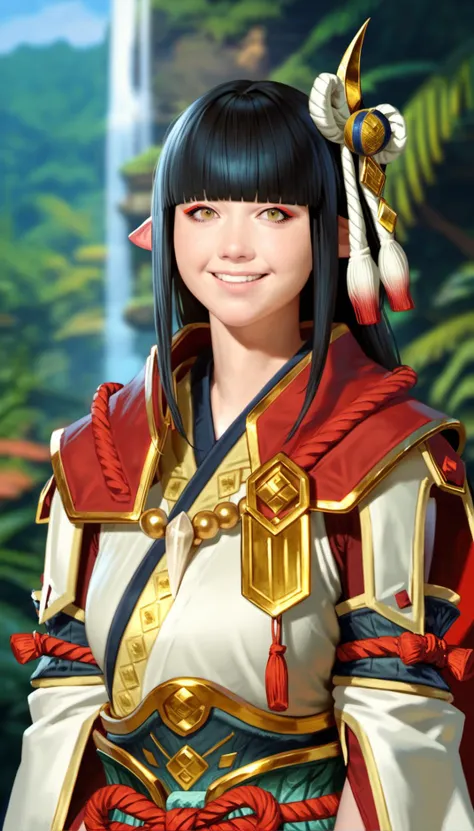 score_9,score_8_up,score_7_up,
<lora:hinoa:0.9>,
mhhinoa,
photorealistic,
1girl,solo,black hair,long hair,blunt bangs,hair ornament,yellow eyes,looking at viewer,smile,pointy ears,red and white short cape,shoulder necklace,white japanese robe top,deep red undershirt,detached sleeves,portrait,blurry background,outdoors,jungle,blue sky,waterfall in background,