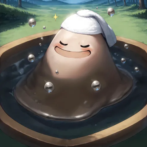score_9,score_8_up,score_7_up,score_6_up,score_5_up,score_4_up,extreme detailed,zPDXL3,source anime BREAK no humans,no_legs,day,nature,forest,rock,water,onsen,steam,
<lora:Pony_DetailV2.0:1> BREAK hagurin,slime \(dragon quest\),:D,<lora:hagurin-v3-pony:1>,sparkle,relaxing,(slime in water:1.2),(bathing:1.2),(towel on head:1.2),closed eyes,blush,bathtub,