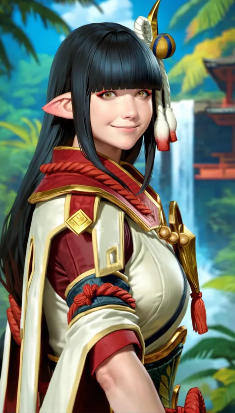 score_9,score_8_up,score_7_up,
<lora:hinoa:0.9>,
mhhinoa,
realistic,
1girl, solo, black hair, long hair, blunt bangs, hair ornament, yellow eyes, looking at viewer, smile, pointy ears, red and white short cape, shoulder necklace, white japanese robe top, deep red undershirt, detached sleeves, portrait, blurry background, outdoors, jungle, blue sky, waterfall in background