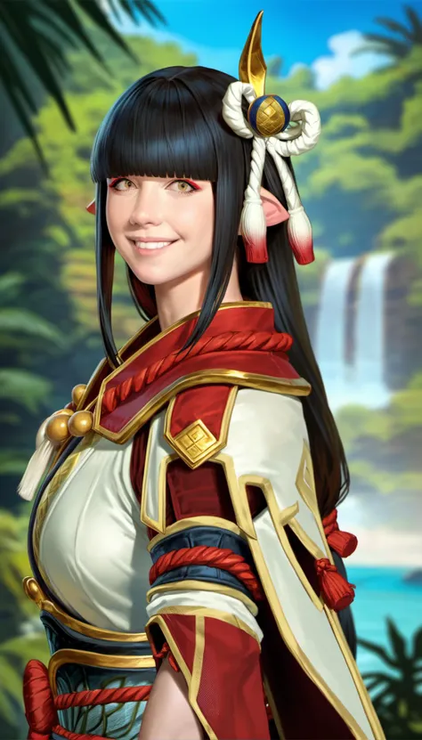 score_9,score_8_up,score_7_up,
<lora:hinoa:0.9>,
mhhinoa,
realistic,photorealistic,
1girl,solo,black hair,long hair,blunt bangs,hair ornament,yellow eyes,looking at viewer,smile,pointy ears,red and white short cape,shoulder necklace,white japanese robe top,deep red undershirt,detached sleeves,portrait,blurry background,outdoors,jungle,blue sky,waterfall in background,
