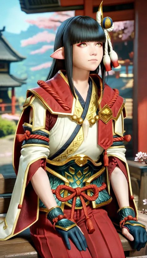 score_9,score_8_up,score_7_up,
<lora:hinoa:0.9>,
mhhinoa,
realistic,
1girl,solo,black hair,long hair,blunt bangs,hair ornament,yellow eyes,looking up,pointy ears,red and white short cape,shoulder necklace,white japanese robe top,deep red undershirt,green waist armor,detached sleeves,red open crotch wide leg pants,deep red pants underneath,black fingerless gloves,cowboy shot,facing aside,sitting,on red bench,left hand on leg,right hand on bench,blurry background,outdoors,rustic village,wooden structures,japanese structures,blue cloth banners,tree,cherry blossoms,