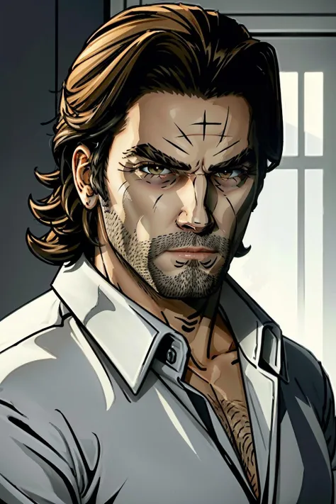 <lora:bigby-07a:0.6>, bigbyTWAS_soul3142, 1boy, bandages, facial hair, scar, blood, two-tone lighting