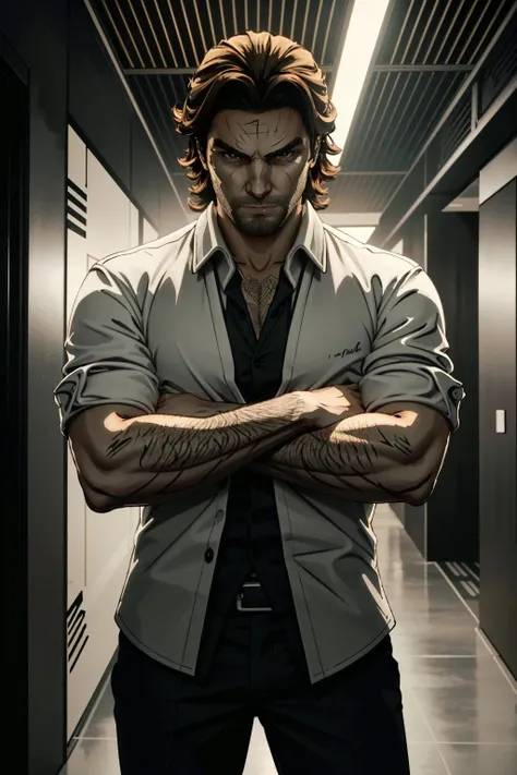 <lora:bigby-07a:0.55>, bigbyTWAS_soul3142, male focus, facial hair, shirt, pants, blood, sharp teeth, glowing eyes, claws,