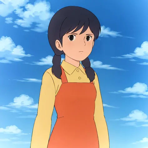 <lora:Monsley005:0.7>,solo,
1girl,child,long hair,black hair,low twintails,twintails,hair tube,black eyes,looking at viewer,closed mouth,yellow collar,red dress,long sleeves,blue sky,cloud,day,outdoors,cloudy sky,