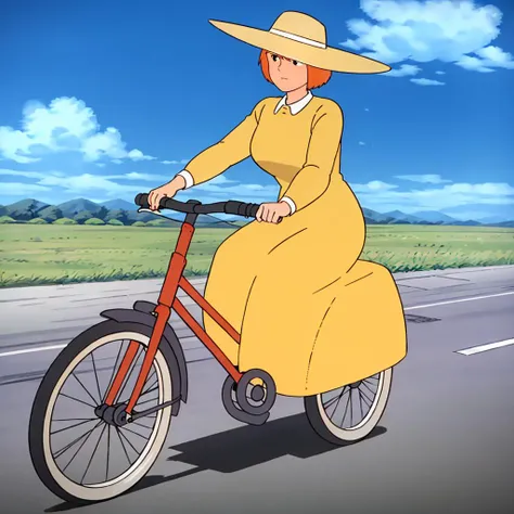 <lora:Monsley005:0.7>,
Monsley,
yellow_dress,1girl,solo,dress,yellow dress,hat,short hair,bicycle,ground vehicle,white footwear,white headwear,long sleeves,orange hair,riding,shoes,shadow,outdoors,full body,collared dress,brown hair,sun hat,expressionless,wide shot,