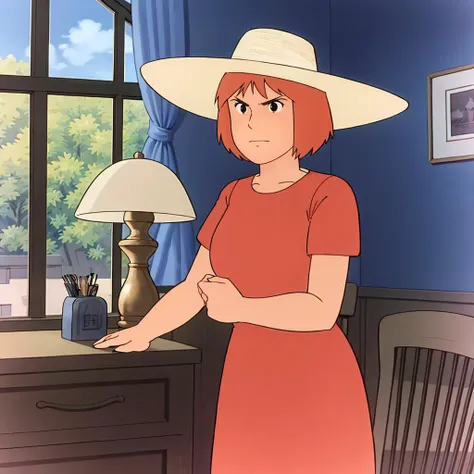 Anime girl in a red dress and a white hat standing in front of a desk ...