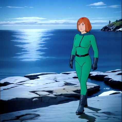 <lora:Monsley005:0.7>,
Monsley,1girl,
orange hair,hood down,
bob cut,
green_bodysuit,
belt,
black gloves,
boots,
full body,outdoors,ocean,