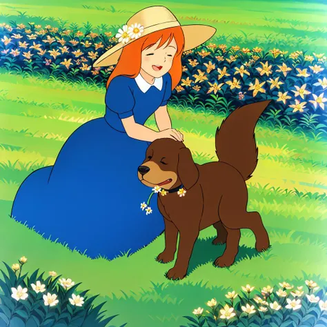 <lora:Monsley005:0.7>,
LittleMonsley,1little_girl,grass,flower,outdoors,hat,closed eyes,white flower,smile,solo,open mouth,yellow flower,dog,field,animal,day,hug,shadow,wide shot,horse,daisy,sky,:d,
