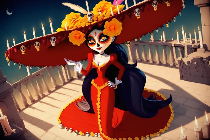 score_9, score_8_up, score_7_up, masterpiece, high quality
<lora:La MuertePonyLora:1>, very long hair, hat, hair ornament, orange eyes, yellow sclera, makeup, facepaint, colored skin, flower, choker, skull, jewelry, candle, long dress, flower trim, pink feathers, cleavage,
outdoors, castle terrace, macabre, darkness, moonlight, looking at the moon,
high angle shot, 1girl, full body, mesmerized,