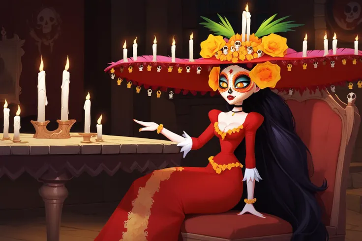 score_9, score_8_up, score_7_up, masterpiece, high quality
<lora:La MuertePonyLora:1>, very long hair, hat, hair ornament, orange eyes, yellow sclera, makeup, facepaint, colored skin, flower, choker, skull, jewelry, candle, long dress, flower trim, pink feathers, cleavage,
indoors, macabre, darkness, candle, table, chair, picture on wall,
1girl, sitting on chair, concentrated,