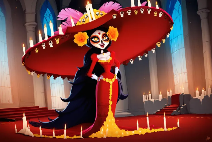 score_9, score_8_up, score_7_up, masterpiece, high quality
<lora:La MuertePonyLora:0.9>, very long hair, hat, hair ornament, orange eyes, yellow sclera, makeup, facepaint, colored skin, flower, choker, skull, jewelry, candle, long dress, flower trim, pink feathers, cleavage,
indoors, ruined castle, throne room, macabre, darkness, moonlight,
1girl, standing, laughing maniacally,