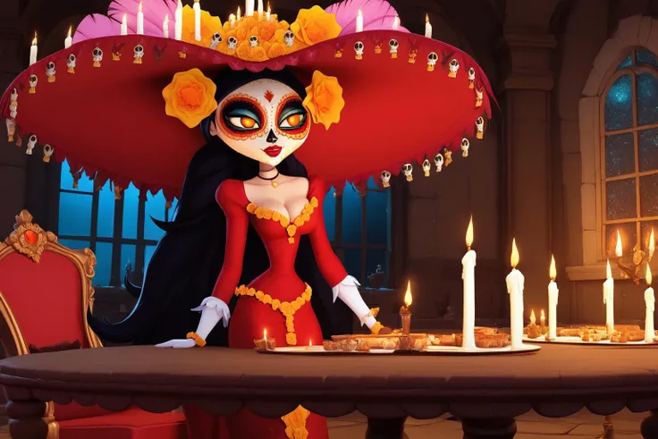 score_9, score_8_up, score_7_up, masterpiece, high quality
<lora:La MuertePonyLora:1>, very long hair, hat, hair ornament, orange eyes, yellow sclera, makeup, facepaint, colored skin, flower, choker, skull, jewelry, candle, long dress, flower trim, pink feathers, cleavage,
indoors, macabre, darkness, candles on wall, candles on table, table, chair, picture on wall, ouija,
1girl, mesmerized,