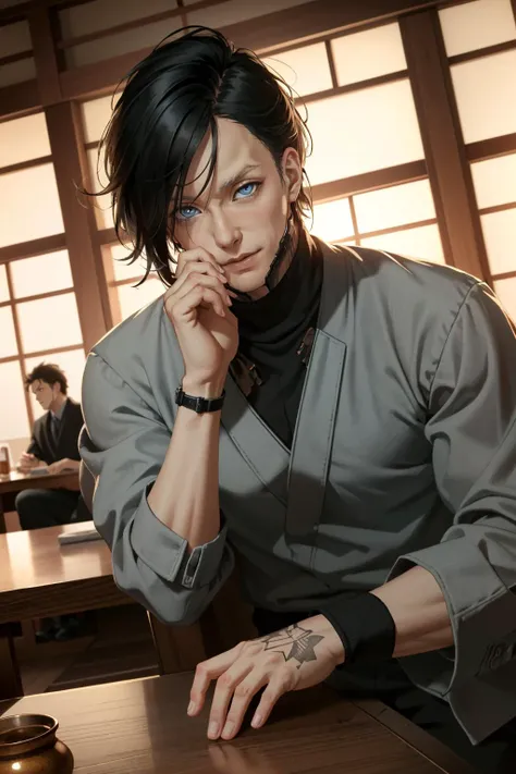 ((ultra detailed, masterpiece, best quality))
<lora:CyberSandayuOda:0.8>
CyberSandayuOda, 1boy, solo, black hair, blue eyes, handsome, muscular, Within a traditional tatami room, sleek yakuza attire, low table with a spilled glass of whiskey, engaged in an intense conversation