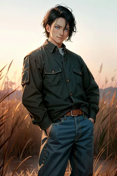 ((ultra detailed, masterpiece, best quality))
 <lora:CyberSandayuOda:0.8>
CyberSandayuOda, 1boy, solo, black hair, blue eyes, handsome, muscular, Amidst a field of tall grass, rugged jeans and a flannel shirt, golden hour sunlight casting a warm glow, hands casually in pockets with a carefree smile