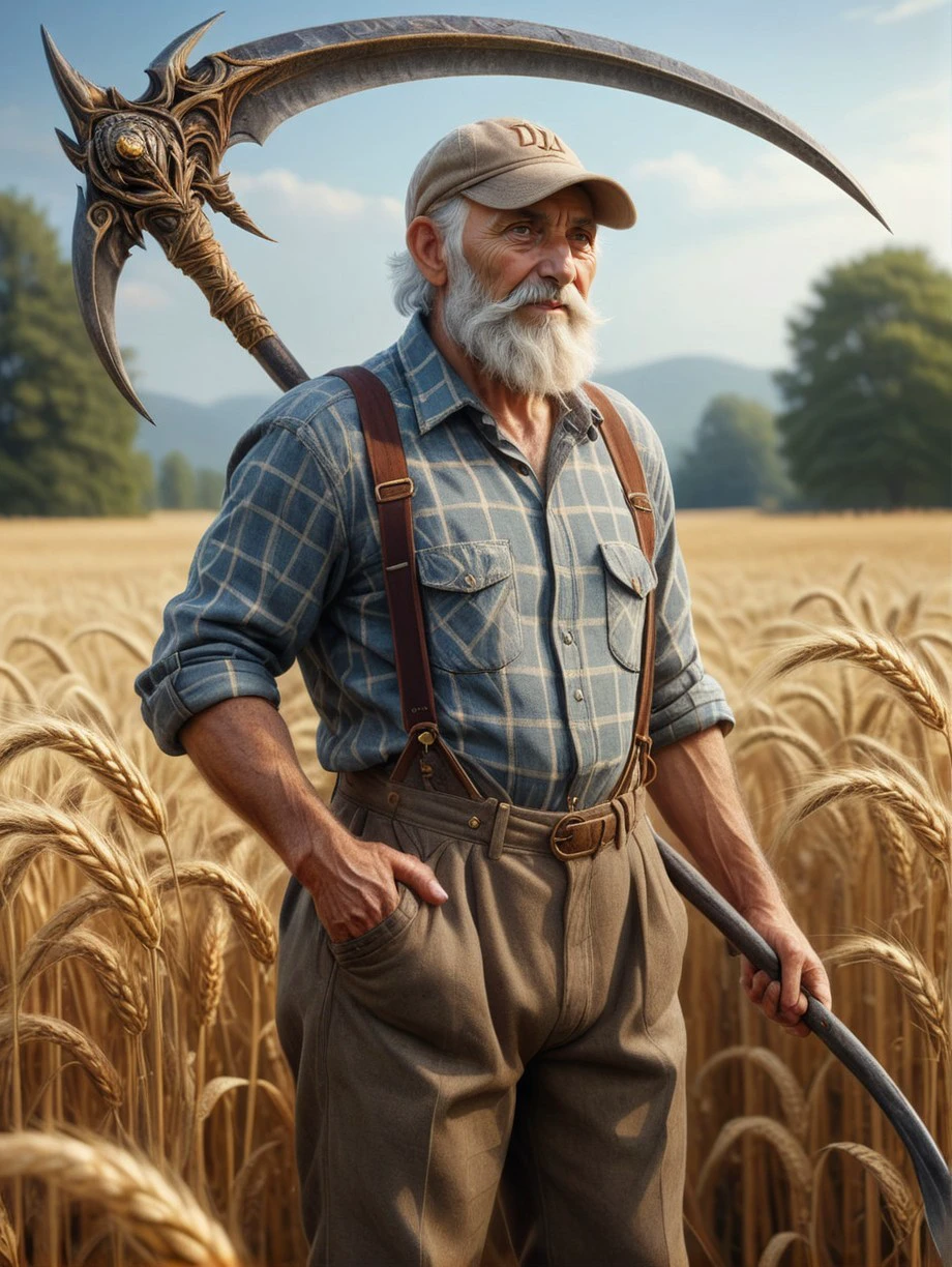 picture of wise old farmer man tired beard cap plaid shirt pants with suspenders holding Scythe <lora:XL_Weapon_Scythe_-_By_HailoKnight_V2:0.8> in Wheat field Summer day