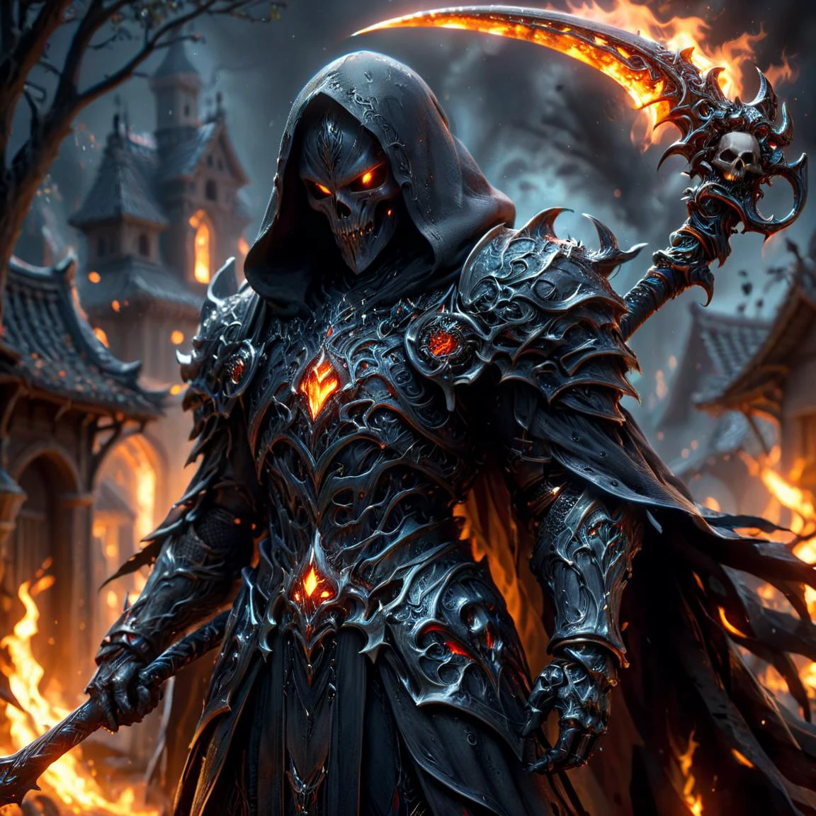 amazing quality, masterpiece, best quality, hyper detailed, ultra detailed, UHD, perfect anatomy, blurry background, flame environment, village, night,
ghost, shadow, evil, nothingness, cloak with hat, darkness,
(black hybrid silver:1.2) armor, (holding Death Scythe:1.2), arm up,( faceless:1.4), mystery, phantom, broadsword,
<lora:HKStyle:0.75>, HKStyle,
<lora:XL_Weapon_Scythe_-_By_HailoKnight_V2:0.5>,
<lora:add-detail-xl:0.75>,
<lora:quality1:0.75>,
<lora:extremely_detailed:0.8>, extremely detailed,
<lora:ral-braynclz:0.5>, ral-braynclz,