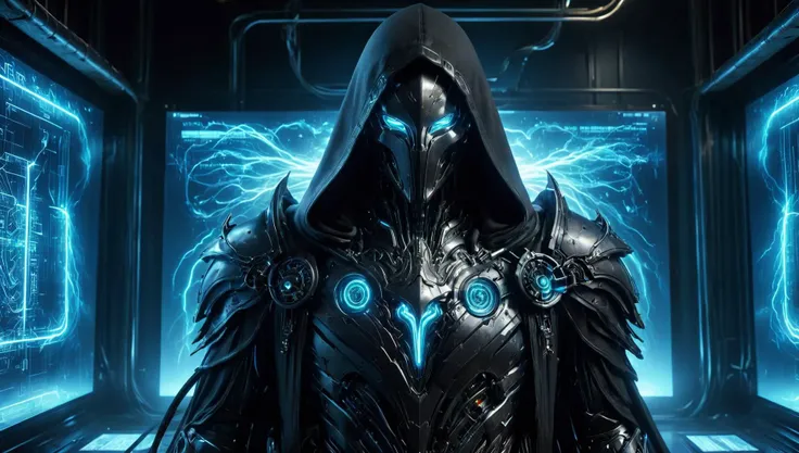 (((Ultra-detailed, Hyper-realistic, 8k, highres, masterpiece))),(full length highly detailed intricate cyborg demonic-skeletal) (hooded cloak),((highly detailed tech body,decaying parts, Intricate exposed wiring, exposed wires,exposed circuitry,electric glow)),((highly detailed cyber-skeletal head,signs of decay,exposed wiring, exposed wires,exposed circuitry,electric glowing eyes)),in a highly detailed Labratory background with Test tubes,holographic screens,covered in pulsing electricity,cyber setting,cinematic,realistic,science fiction,dark colours,background light,<lora:add-detail-xl:1>,<lora:ArmorSuit_v01:0.8>,armorsuit,<lora:XL_Weapon_Scythe_-_By_HailoKnight_V2:0.8>, Scythe,