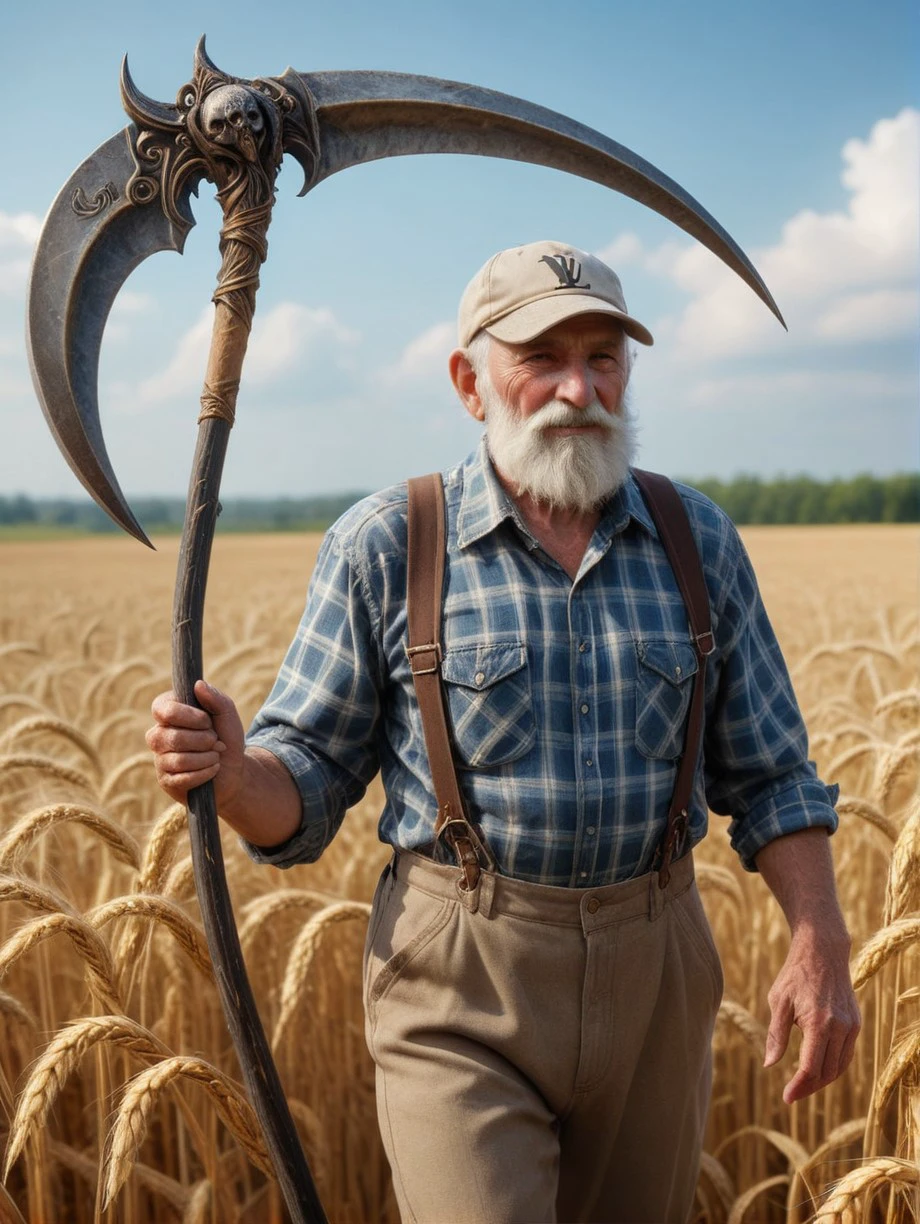 picture of wise old farmer man tired beard cap plaid shirt pants with suspenders holding Scythe in Wheat field Summer day <lora:XL_Weapon_Scythe_-_By_HailoKnight_V2:0.8>
text above head "LV. 80"