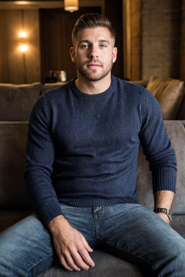 <lora:BG_country:0.5> photo of a man, close up portrait, sweater, jeans, sitting on the sofa, at the club