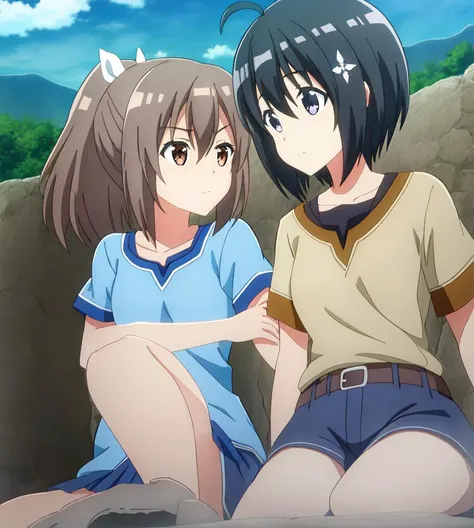 BoMaple beginner outfit, BoSally, aniscreen, 2girls, yuri, lesbian, hand to hand, outdoors, in village, on street, looking at another, sitting on rock, lying on each other, in park, eye contact, detailed background, cinematic angle
<lora:bofuri_extract_convP01_linearP04:1>