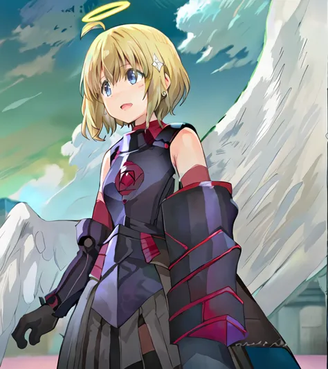 angel wing, (BoMaple angel form:1.1) aniscreen,
cowboy shot solo 1girl by meb, black dress, outdoors blue sky with beautiful cloud,
4K wallpaper, detailed background, intricate detailed
