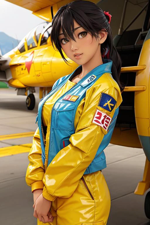 s40r1h,1girl, face closeup, yellow flightsuit, fighter jets in the background <lora:s40r1h-000002:1>