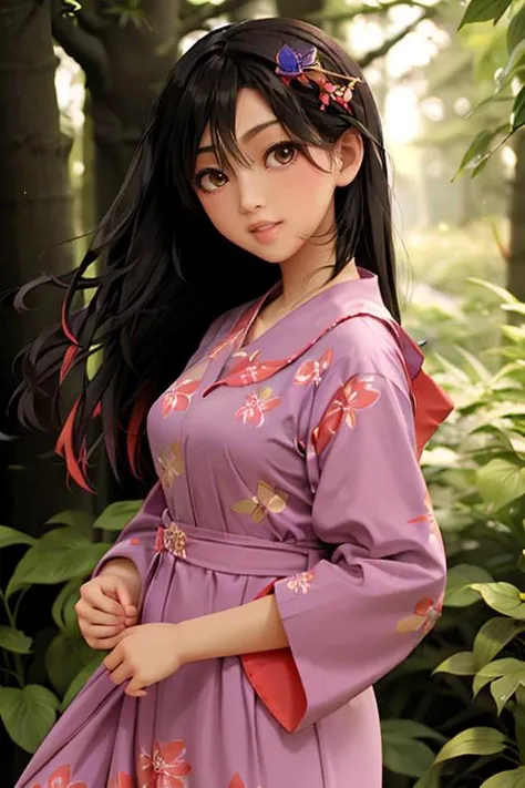s40r1h,1girl, long dark hair, colorful flowy dress, forest <lora:s40r1h-000002:1>
