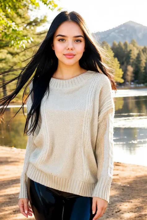S453_VeniceLei, long hair, modern photo, (wearing large edgPO pullover, edgPO), <lora:edgPullovers:1>, (wearing leggings), (cowboy shot), (35mm, F/2.8) Photo Focus, DOF, Aperture, insanely detailed and intricate, character, hypermaximalist, beautiful, revealing, appealing, attractive, amative, hyper realistic, super detailed, beautiful girl, ((detailed eyes)), long eyelashes, (glossy lips), standing in the park, lake in the background, daytime, bright lighting, solo