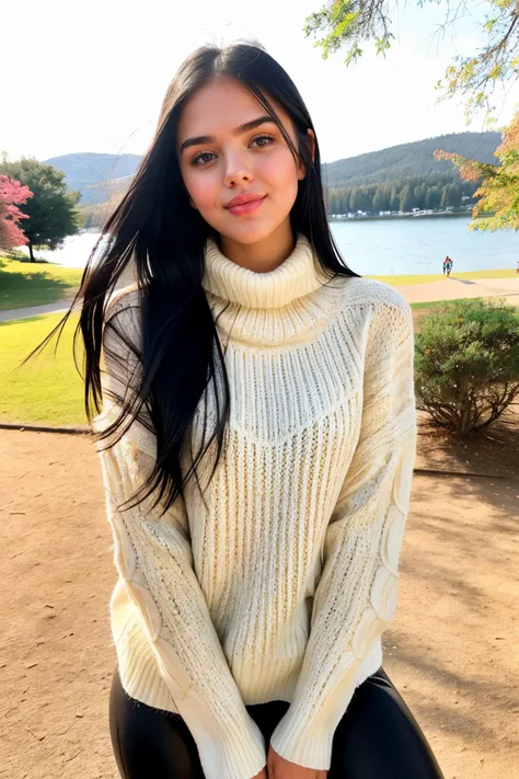S453_VeniceLei, long hair, modern photo, (wearing large edgPO pullover, edgPO), <lora:edgPullovers:1>, (wearing leggings), (cowboy shot), (35mm, F/2.8) Photo Focus, DOF, Aperture, insanely detailed and intricate, character, hypermaximalist, beautiful, revealing, appealing, attractive, amative, hyper realistic, super detailed, beautiful girl, ((detailed eyes)), long eyelashes, (glossy lips), standing in the park, lake in the background, daytime, bright lighting, solo