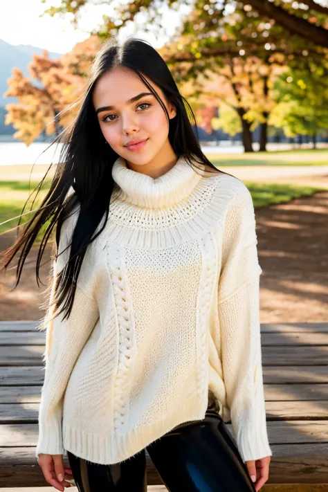 S453_VeniceLei, long hair, modern photo, (wearing large edgPO pullover, edgPO), <lora:edgPullovers:1>, (wearing leggings), (cowboy shot), (35mm, F/2.8) Photo Focus, DOF, Aperture, insanely detailed and intricate, character, hypermaximalist, beautiful, revealing, appealing, attractive, amative, hyper realistic, super detailed, beautiful girl, ((detailed eyes)), long eyelashes, (glossy lips), standing in the park, lake in the background, daytime, bright lighting, solo