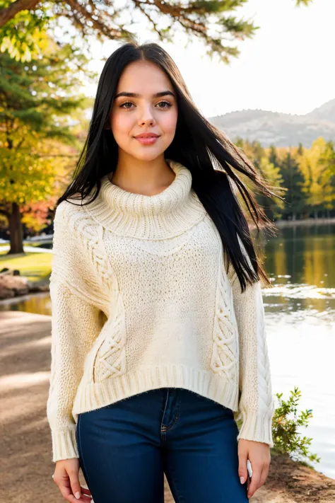 S453_VeniceLei, long hair, modern photo, (wearing large edgPO pullover, edgPO), <lora:edgPullovers:1>, (wearing leggings), (cowboy shot), (35mm, F/2.8) Photo Focus, DOF, Aperture, insanely detailed and intricate, character, hypermaximalist, beautiful, revealing, appealing, attractive, amative, hyper realistic, super detailed, beautiful girl, ((detailed eyes)), long eyelashes, (glossy lips), standing in the park, lake in the background, daytime, bright lighting, solo