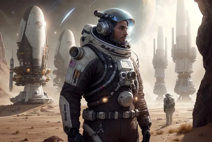 A close up of a person in a space suit standing in front of a group of ...