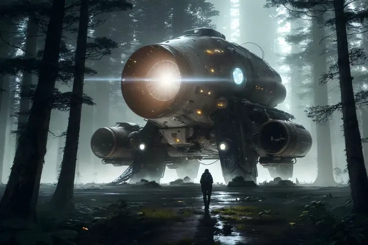 man space traveler stranded on mysterious world, 1starfield style, <lora:1starfieldV2:0.4>, Haunted Forest, Mist, Fog, Sinister, Masterpiece, Best Quality, Hyper Detailed, Cinematic Light, Intricate Detail, Highres, Official Art, Finely Detailed, High Resolution Illustration, 8k, Lens Flare, Light Particles, Dark Intense Shadows, Particles, Detailed Background, Detailed Glow, Detailed Reflection, Detailed, Photo of, Photorealistic