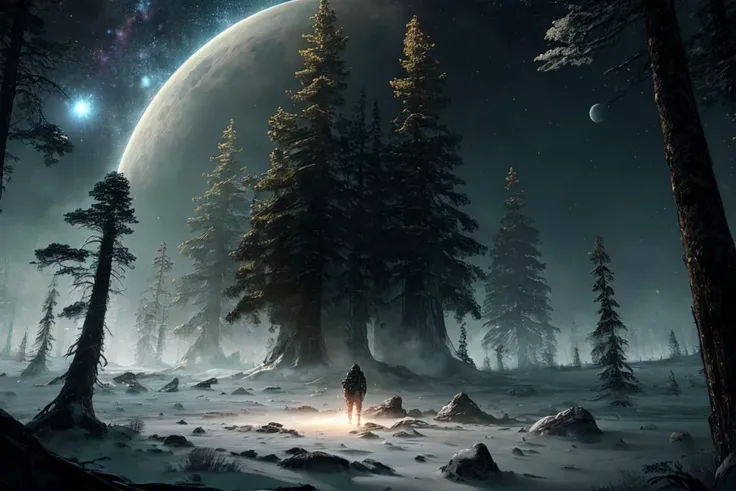 man space traveler stranded on mysterious world, 1starfield style, <lora:1starfieldV2:0.4>, Haunted Forest, Mist, Fog, Sinister, Masterpiece, Best Quality, Hyper Detailed, Cinematic Light, Intricate Detail, Highres, Official Art, Finely Detailed, High Resolution Illustration, 8k, Lens Flare, Light Particles, Dark Intense Shadows, Particles, Detailed Background, Detailed Glow, Detailed Reflection, Detailed, Photo of, Photorealistic
