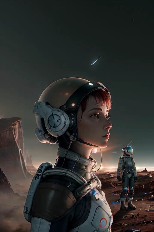 8k, intrincate details, raw, masterpiece, woman space traveler stranded on mysterious world, 1starfield style, <lora:1starfield:0.8>