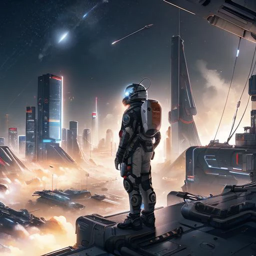 man space traveler stranded, big city, cyberpunk, 1starfield style, <lora:1starfieldV2:0.7>